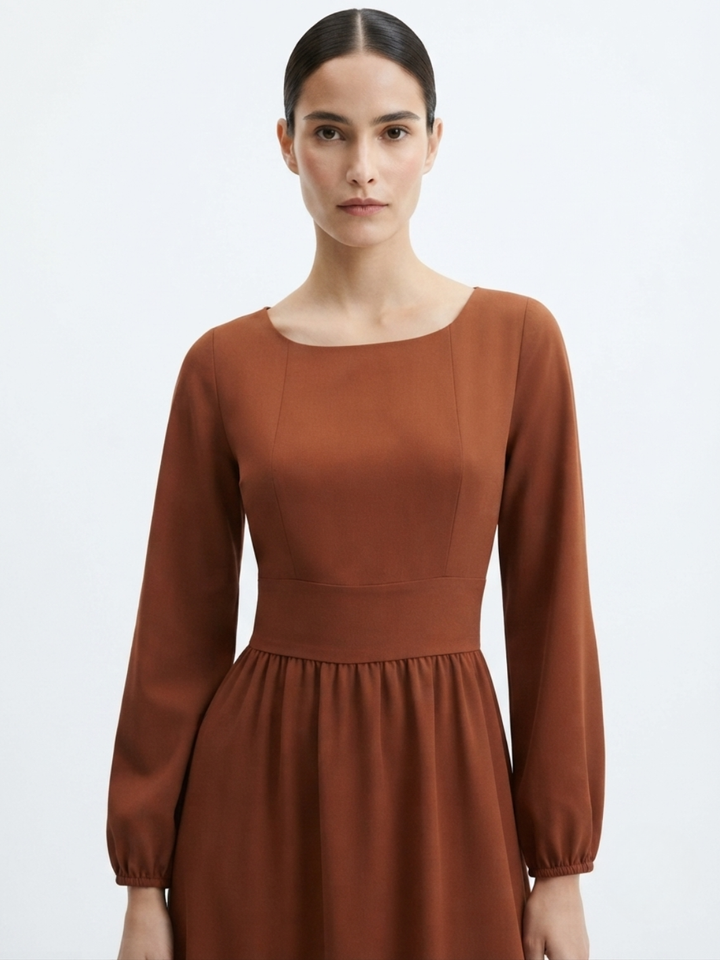 VESTIDO MANGA LARGA CON CUELLO OJAL Y LAZO GIANI RUST