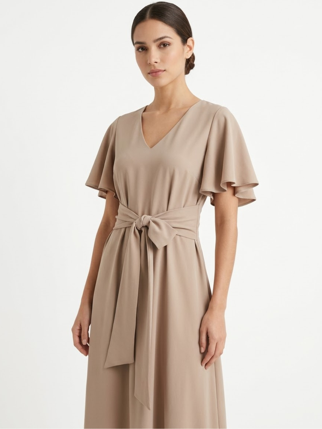 VESTIDO CASUAL CON FALDA EN CORTE A Y LAZO DAFNE NUDE