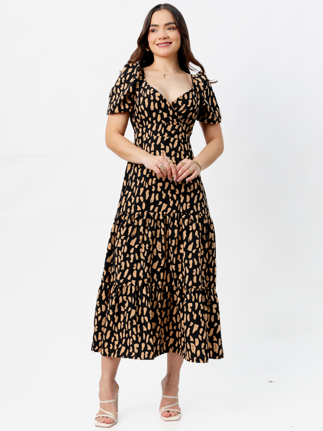 VESTIDO CASUAL LARGO CON LAZO TILZA NEGRO/CAMEL