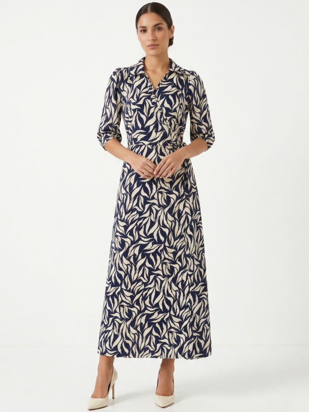 VESTIDO ENVOLVENTE CON CUELLO CAMISERO GRACE AZUL / PERLA