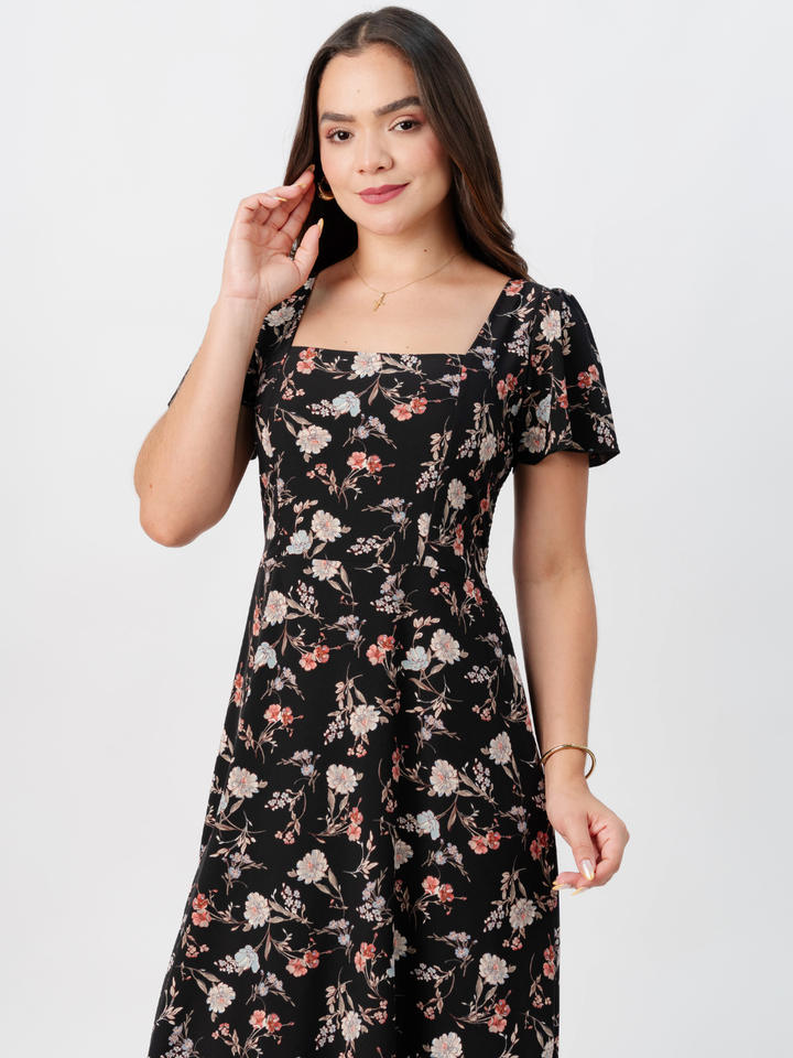 VESTIDO CASUAL LARGO AMELIA NEGRO FLOREADO
