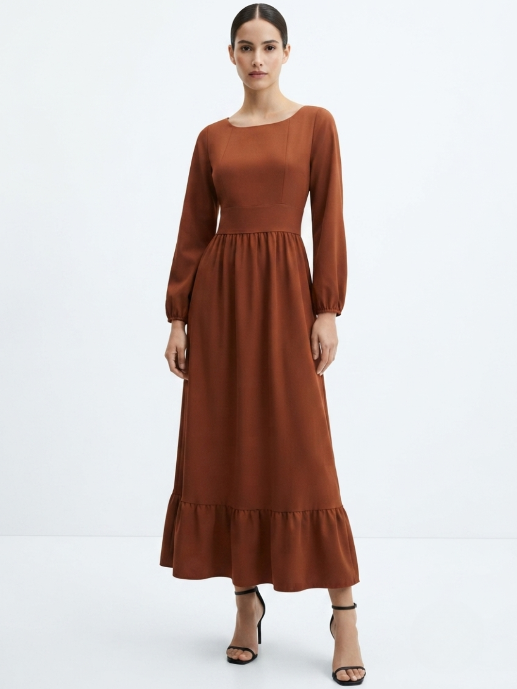 VESTIDO MANGA LARGA CON CUELLO OJAL Y LAZO GIANI RUST