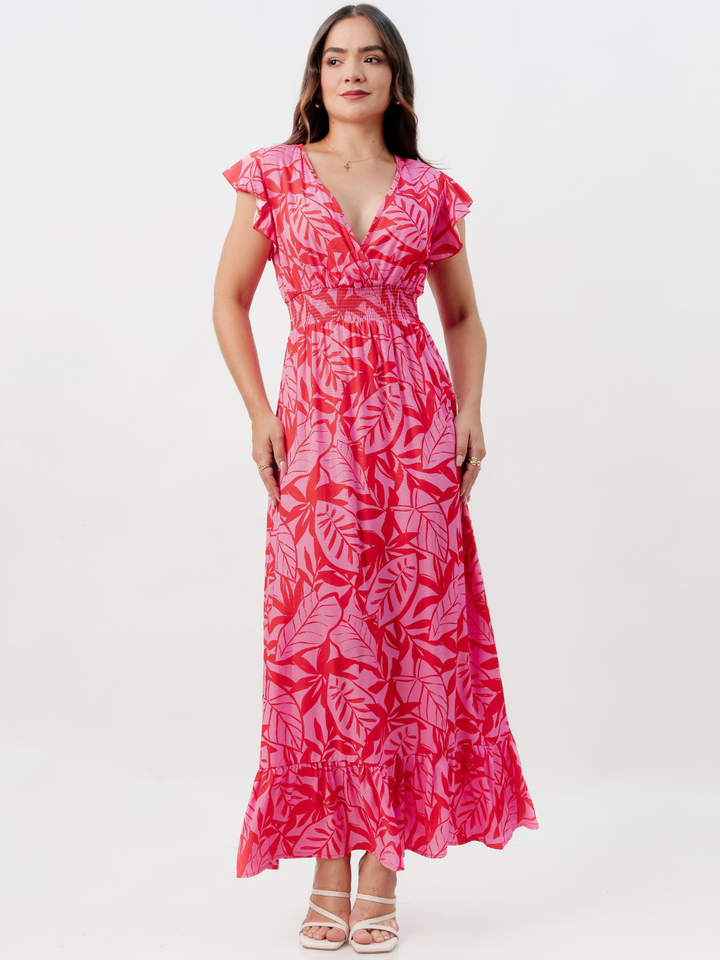 VESTIDO CASUAL LARGO SAYURI FUCSIA FLOREADO