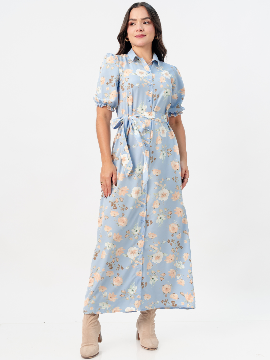 VESTIDO CAMISERO CON CINTURON ASIA CIELO FLOREADO