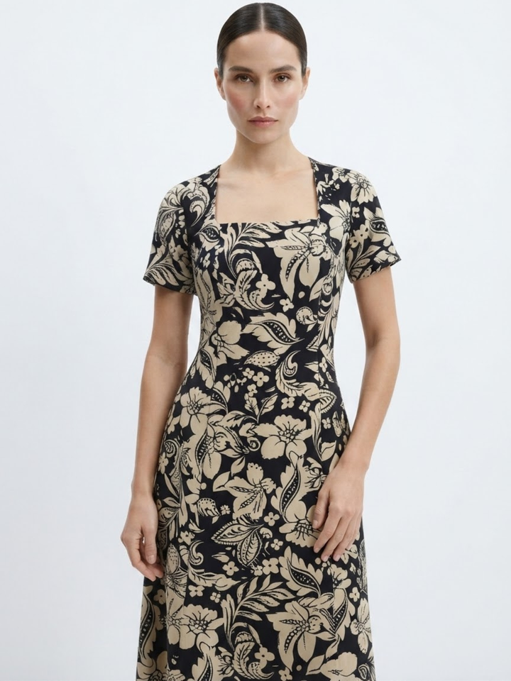 VESTIDO CASUAL CON CUELLO CUADRADO Y CORTE CAMPANA MABEL NEGRO FLOREADO