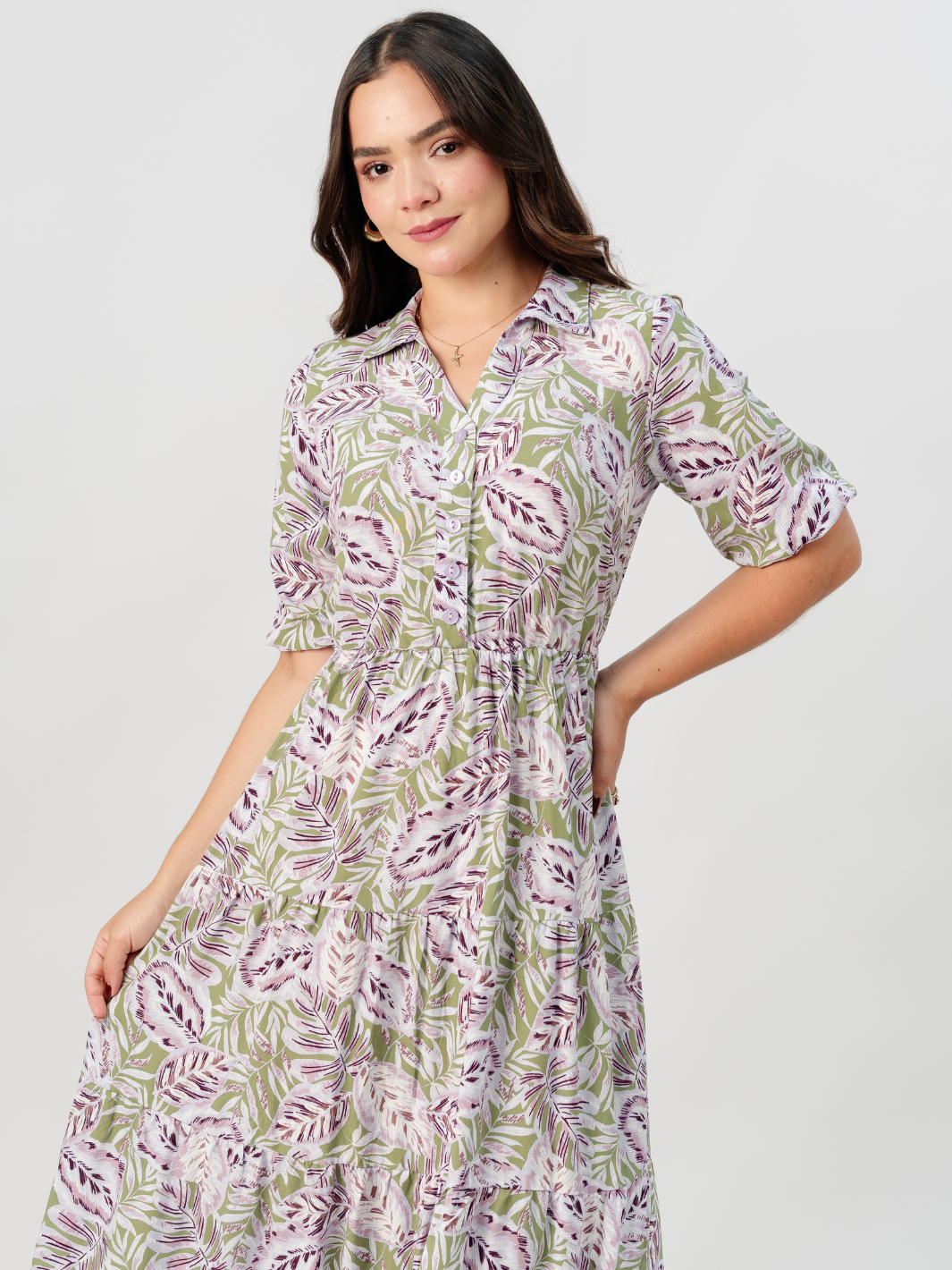 VESTIDO CAMISERO CON FALDA EN TIEMPOS ZAMIRA VERDE / LILA
