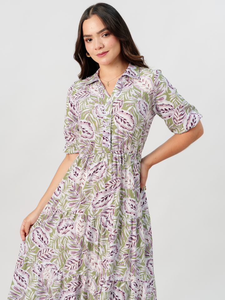 VESTIDO CAMISERO CON FALDA EN TIEMPOS ZAMIRA VERDE / LILA