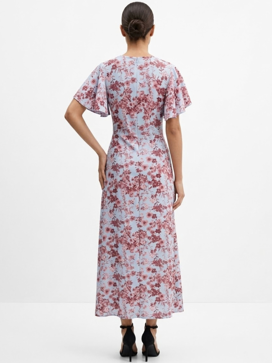 VESTIDO CASUAL CON FALDA EN CORTE A Y LAZO DAFNE CELESTE FLOREADO