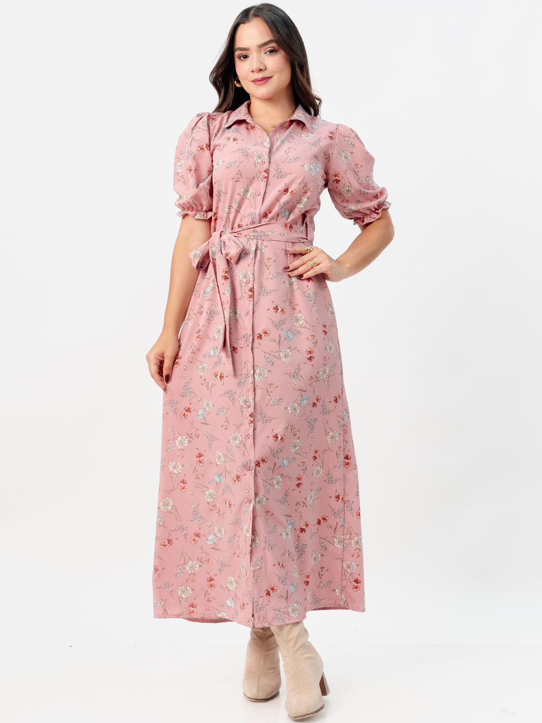 VESTIDO CAMISERO CON CINTURON ASIA ROSA FLOREADO