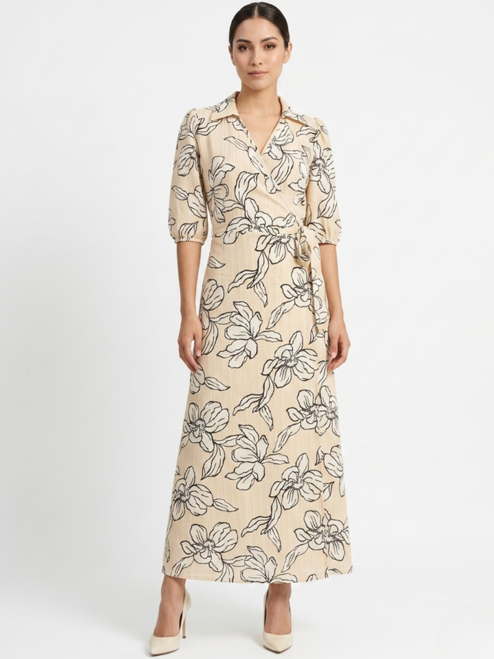VESTIDO ENVOLVENTE CON CUELLO CAMISERO GRACE NUDE FLOREADO