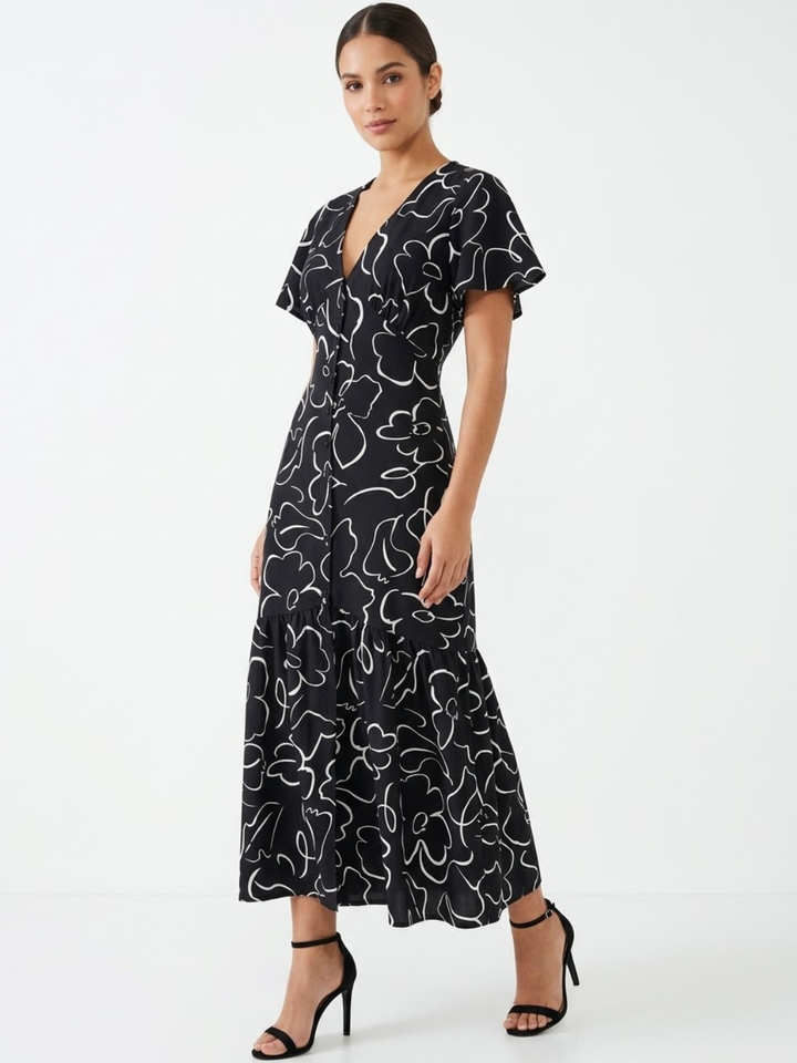 VESTIDO CASUAL CON BOTONES DELANTEROS MONSERRAT NEGRO FLOREADO