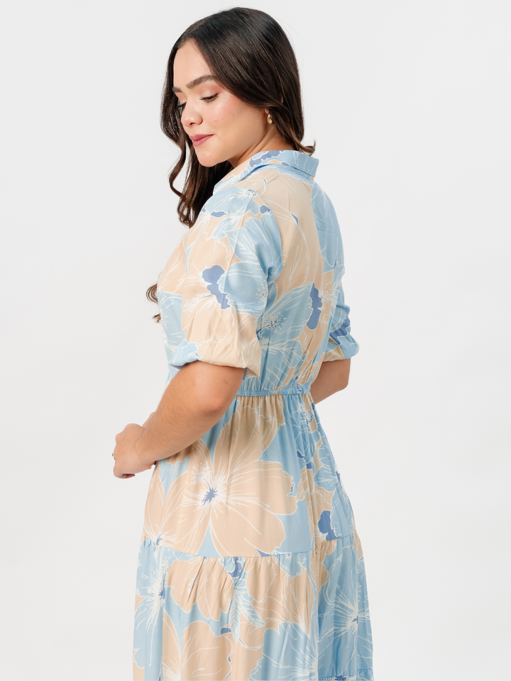 VESTIDO CAMISERO CON FALDA EN TIEMPOS ZAMIRA CIELO FLOREADO