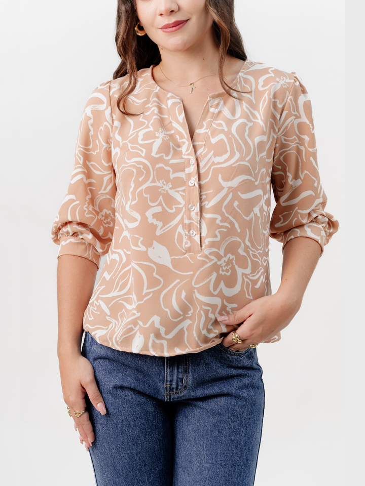 BLUSA MANGA 3/4 CALA BEIGE FLOREADO