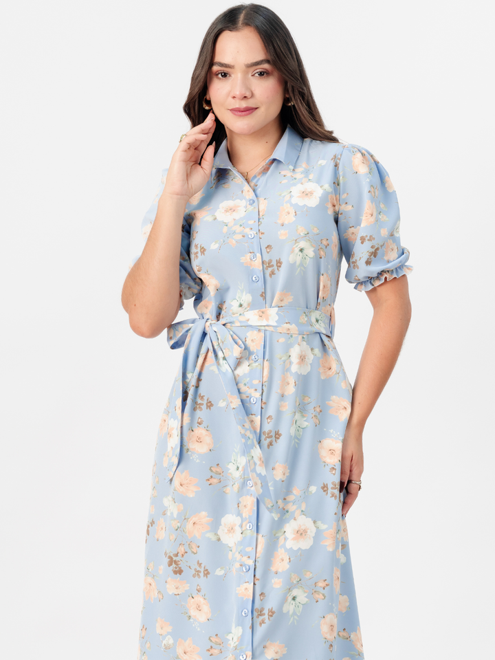 VESTIDO CAMISERO CON CINTURON ASIA CIELO FLOREADO