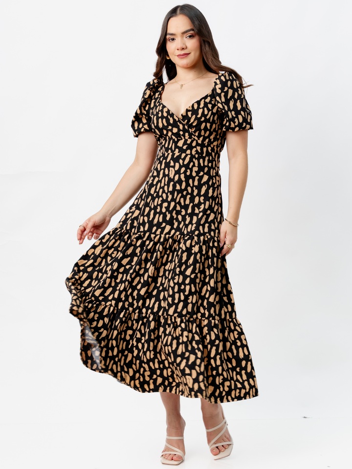 VESTIDO CASUAL LARGO CON LAZO TILZA NEGRO/CAMEL