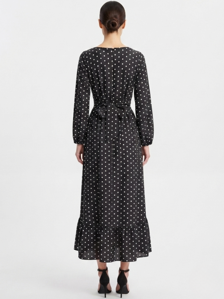 VESTIDO MANGA LARGA CON CUELLO OJAL Y LAZO GIANI NEGRO POLKA DOTS