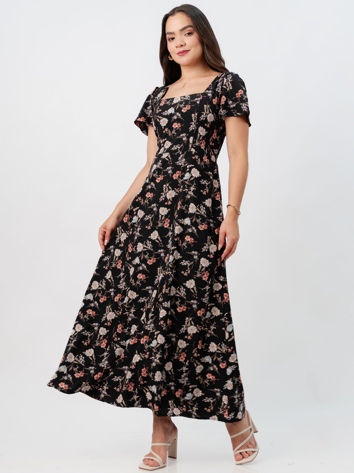 VESTIDO CASUAL LARGO AMELIA NEGRO FLOREADO