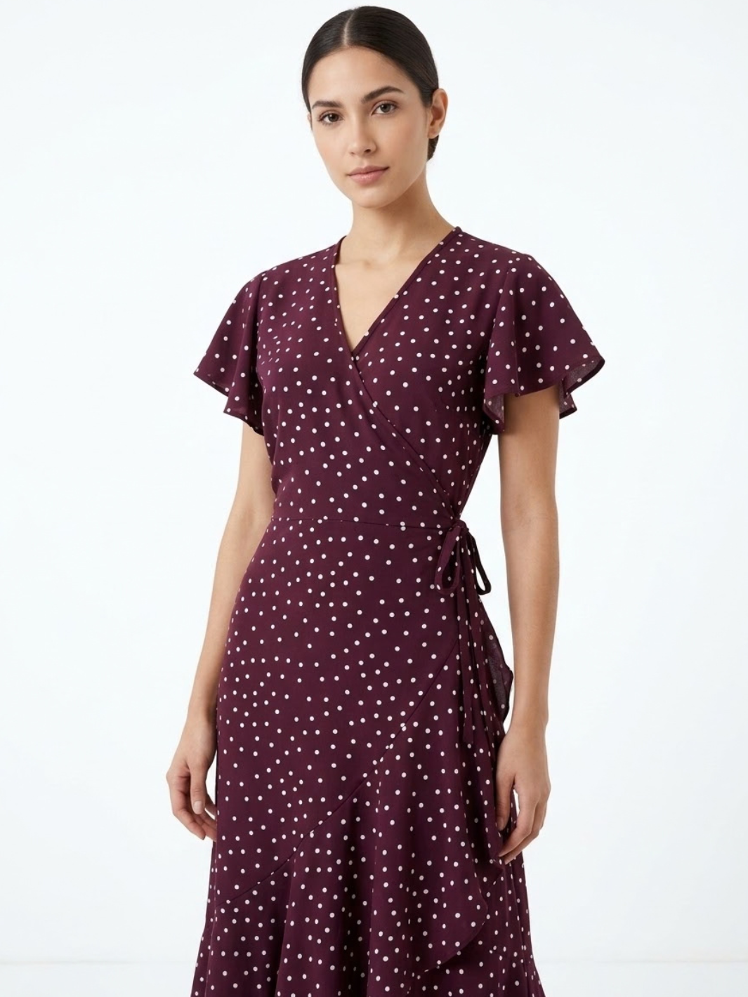 VESTIDO ENVOLVENTE JULIETA BORGOÑA POLKA DOTS