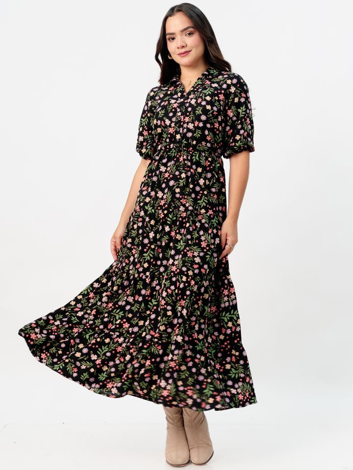 VESTIDO CAMISERO CON FALDA EN TIEMPOS ZAMIRA NEGRO FLOREADO