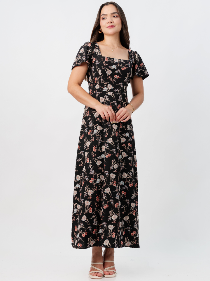 VESTIDO CASUAL LARGO AMELIA NEGRO FLOREADO