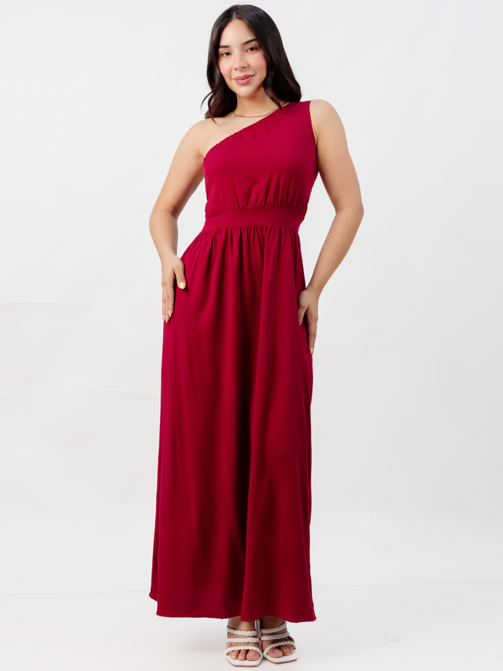 VESTIDO LARGO ASIMETRICO JAZMIN VINO