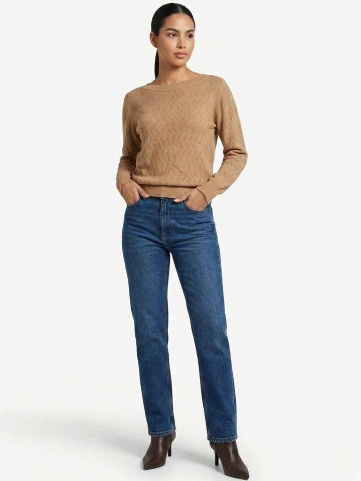 CHOMPA TEJIDA CON CUELLO OJAL CECILIA CAMEL