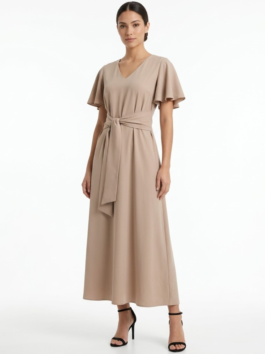 VESTIDO CASUAL CON FALDA EN CORTE A Y LAZO DAFNE NUDE