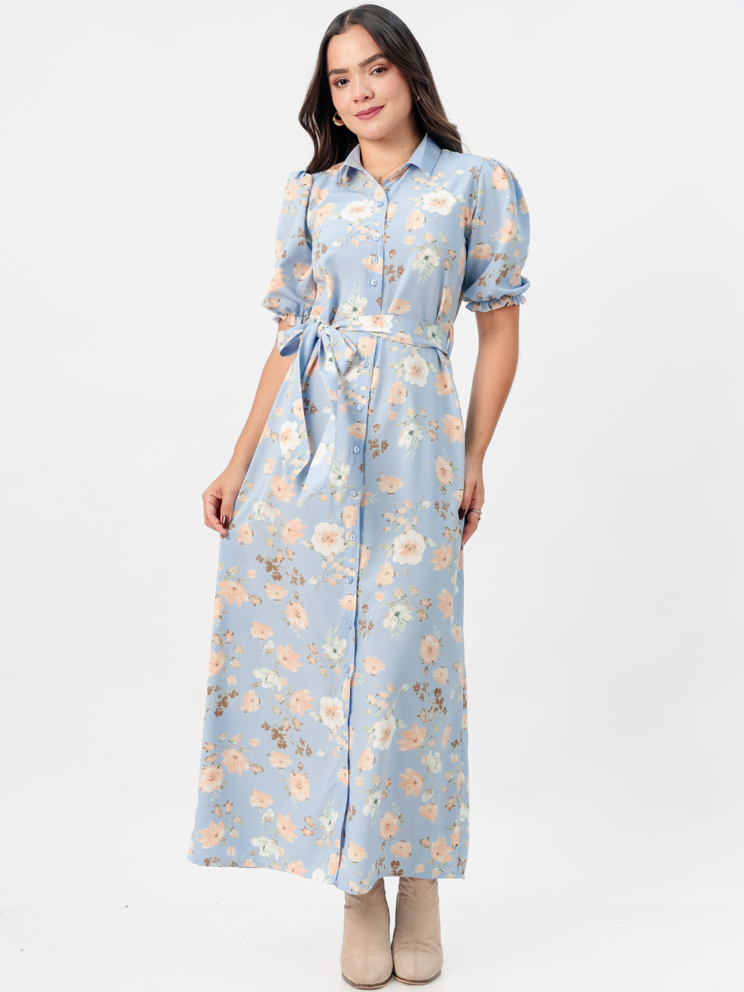 VESTIDO CAMISERO CON CINTURON ASIA CIELO FLOREADO