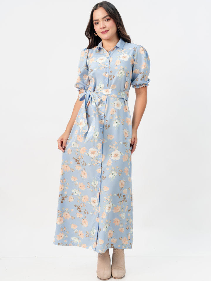 VESTIDO CAMISERO CON CINTURON ASIA CIELO FLOREADO