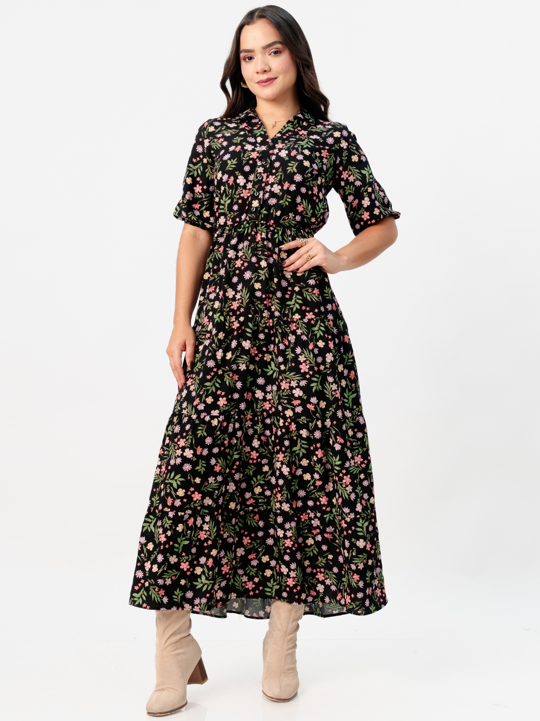 VESTIDO CAMISERO CON FALDA EN TIEMPOS ZAMIRA NEGRO FLOREADO
