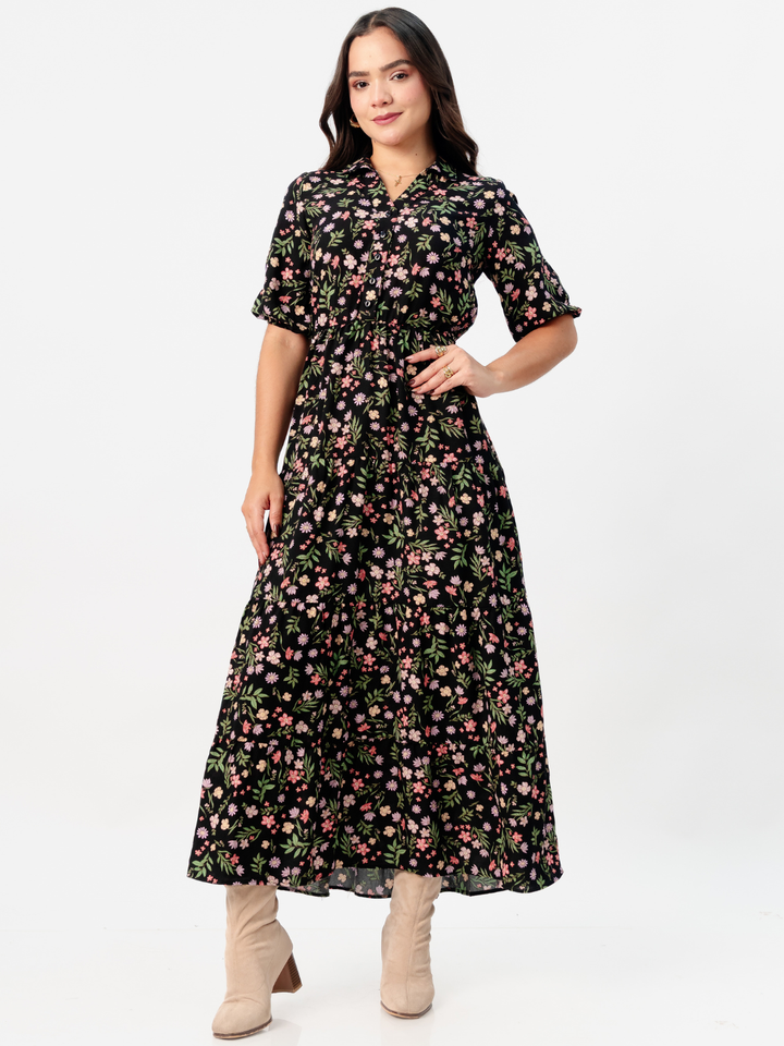VESTIDO CAMISERO CON FALDA EN TIEMPOS ZAMIRA NEGRO FLOREADO