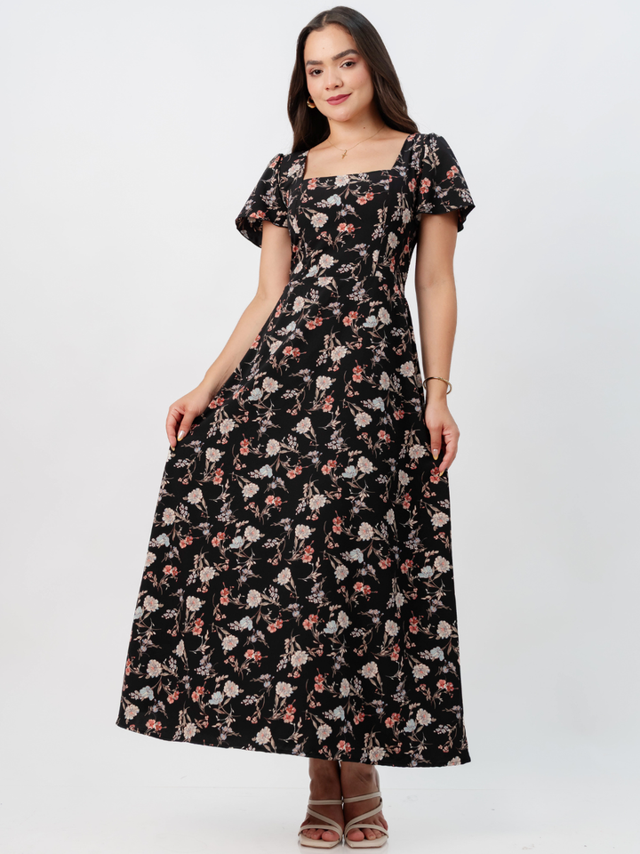 VESTIDO CASUAL LARGO AMELIA NEGRO FLOREADO