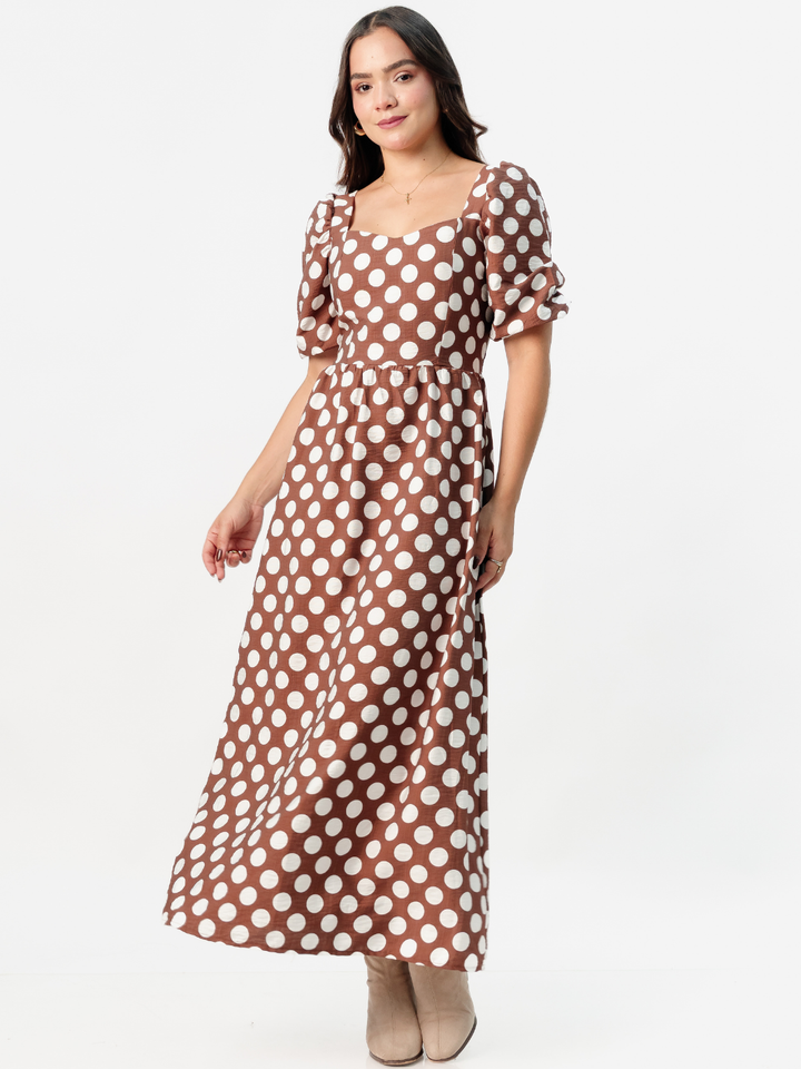 VESTIDO LARGO CON ESCOTE CORAZON FIORELLA CHOCOLATE POLKA DOTS