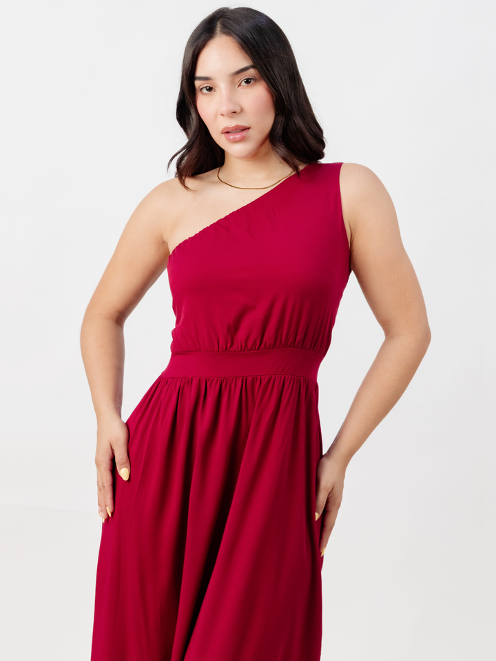 VESTIDO LARGO ASIMETRICO JAZMIN VINO