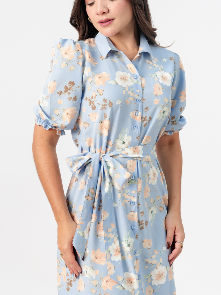 VESTIDO CAMISERO CON CINTURON ASIA CIELO FLOREADO