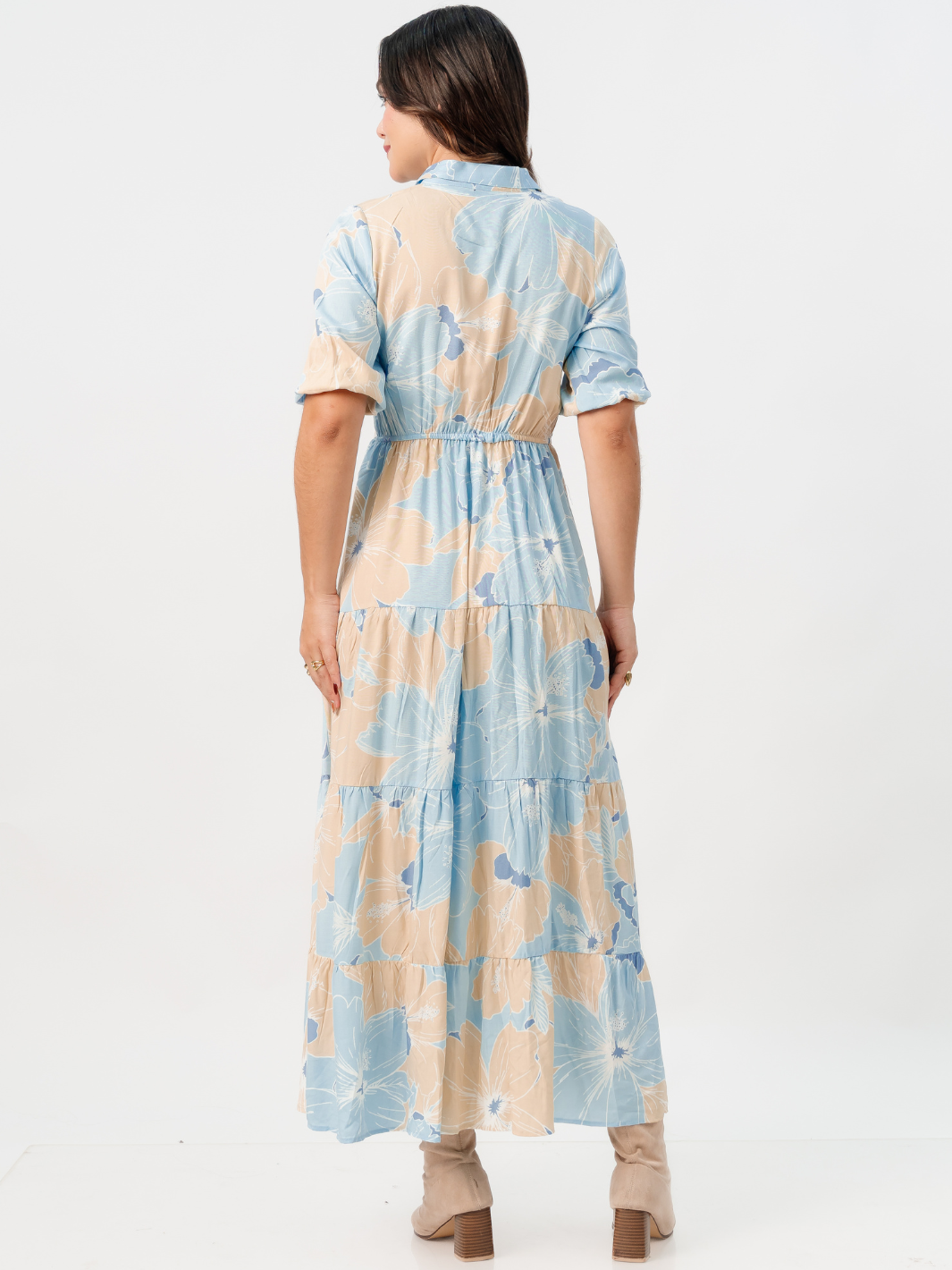 VESTIDO CAMISERO CON FALDA EN TIEMPOS ZAMIRA CIELO FLOREADO