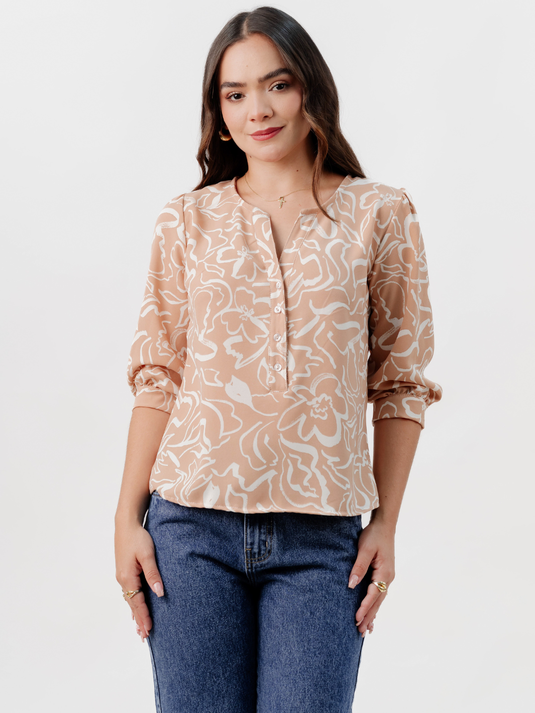 BLUSA MANGA 3/4 CALA BEIGE FLOREADO
