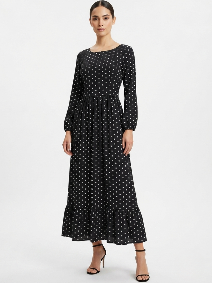 VESTIDO MANGA LARGA CON CUELLO OJAL Y LAZO GIANI NEGRO POLKA DOTS
