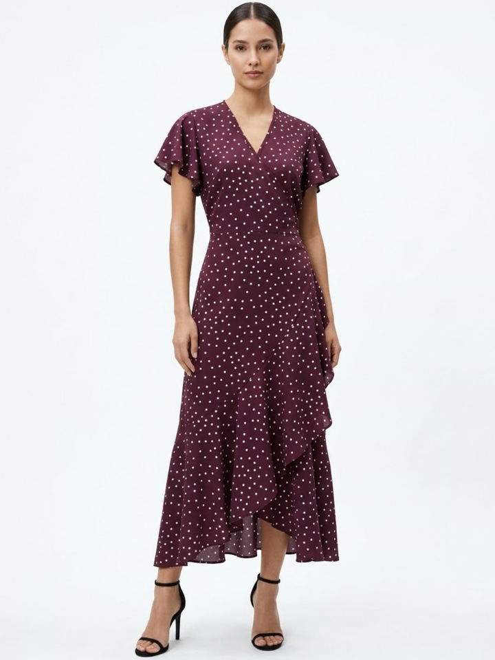 VESTIDO ENVOLVENTE JULIETA BORGOÑA POLKA DOTS