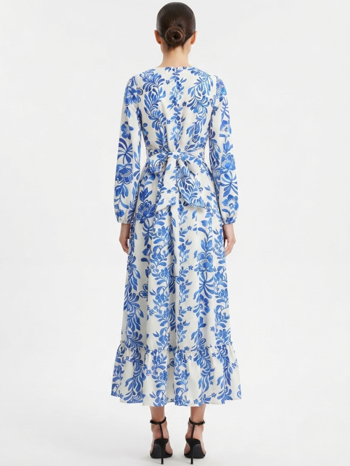 VESTIDO MANGA LARGA CON CUELLO OJAL Y LAZO GIANI PERLA / AZULINO