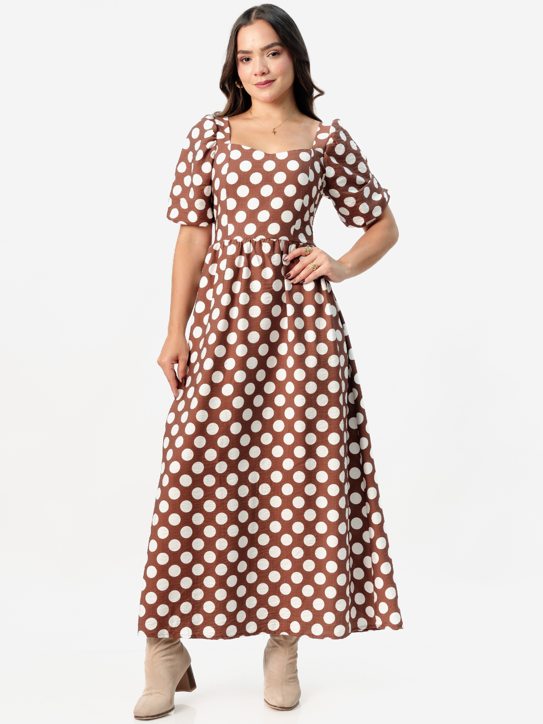 VESTIDO LARGO CON ESCOTE CORAZON FIORELLA CHOCOLATE POLKA DOTS