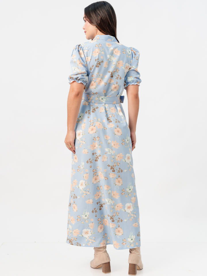 VESTIDO CAMISERO CON CINTURON ASIA CIELO FLOREADO