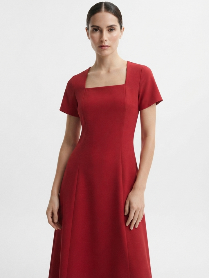 VESTIDO CASUAL CON CUELLO CUADRADO Y CORTE CAMPANA MABEL ROJO