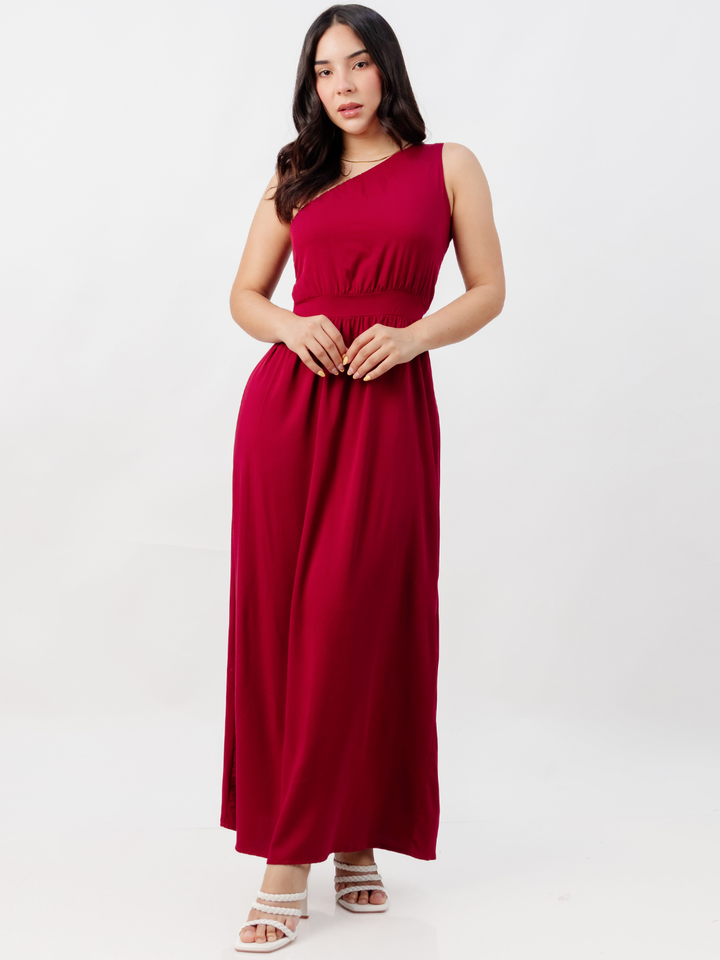 VESTIDO LARGO ASIMETRICO JAZMIN VINO