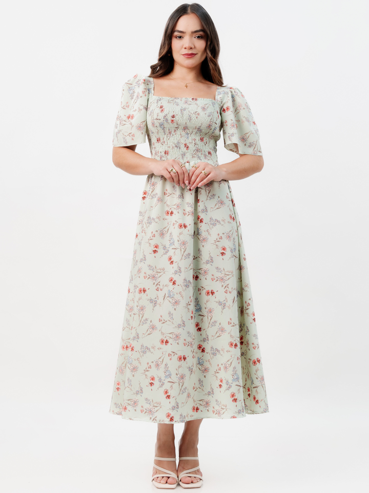 VESTIDO CASUAL LARGO LUCRECIA VERDE FLOREADO