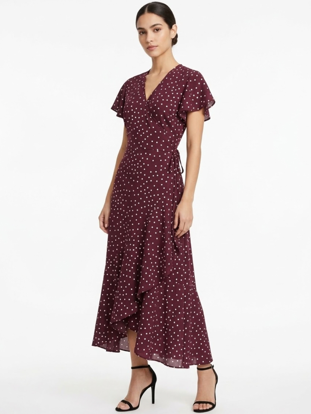 VESTIDO ENVOLVENTE JULIETA BORGOÑA POLKA DOTS