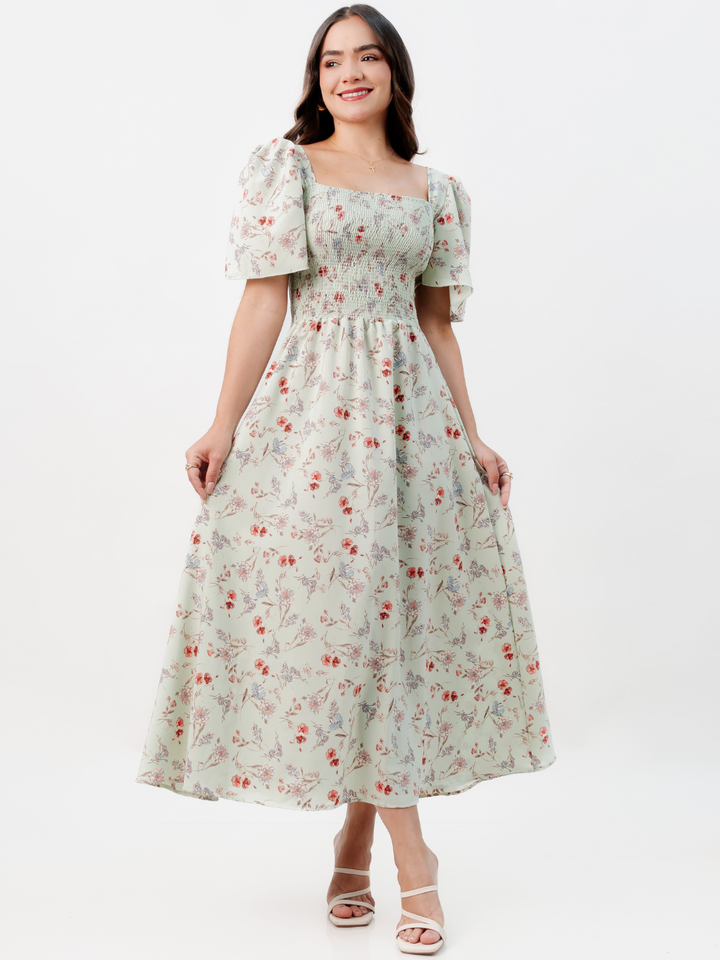 VESTIDO CASUAL LARGO LUCRECIA VERDE FLOREADO