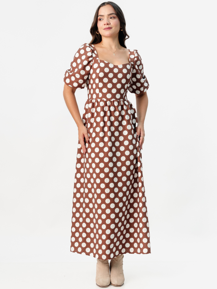 VESTIDO LARGO CON ESCOTE CORAZON FIORELLA CHOCOLATE POLKA DOTS