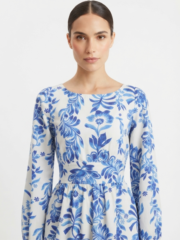 VESTIDO MANGA LARGA CON CUELLO OJAL Y LAZO GIANI PERLA / AZULINO