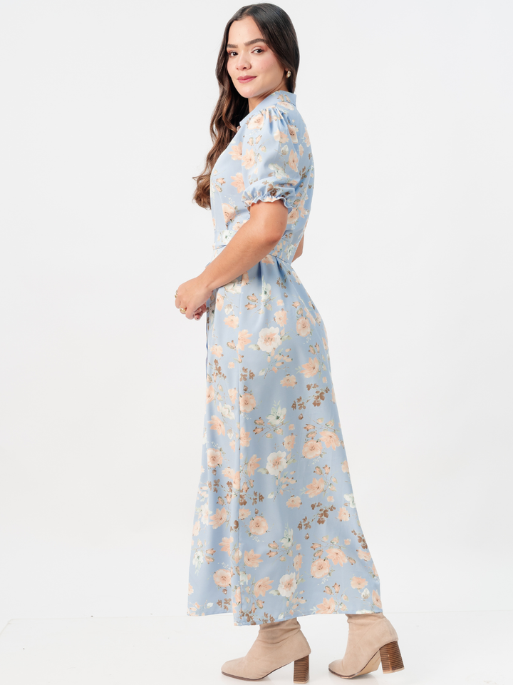 VESTIDO CAMISERO CON CINTURON ASIA CIELO FLOREADO